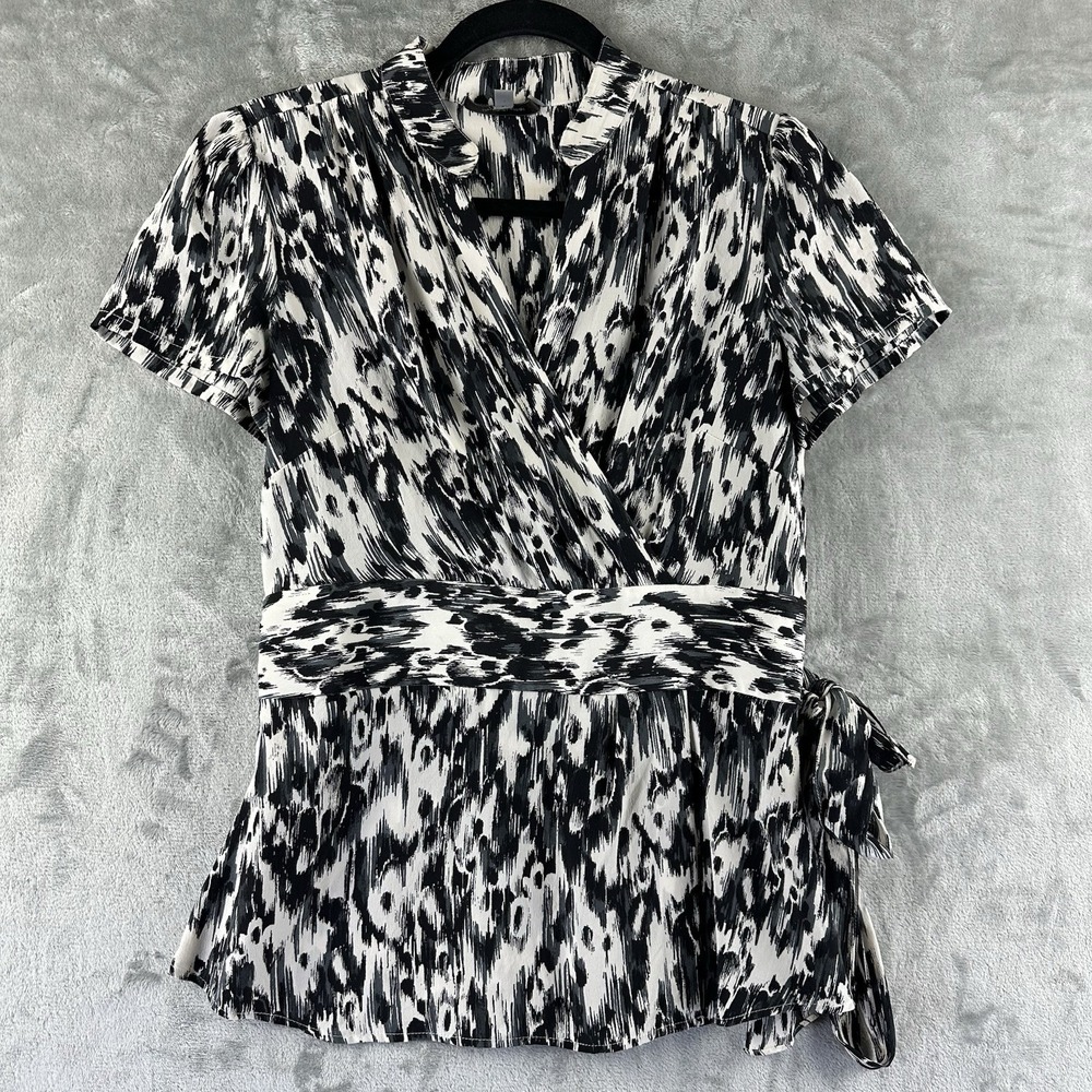 Classiques Entier Blouse Women's M Black Ivory Silk Abstract Wrap Zip Closure